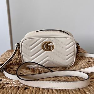 GUCCI Calfskin Matelasse Mini GG Marmont Chain Shoulder Bag White.
